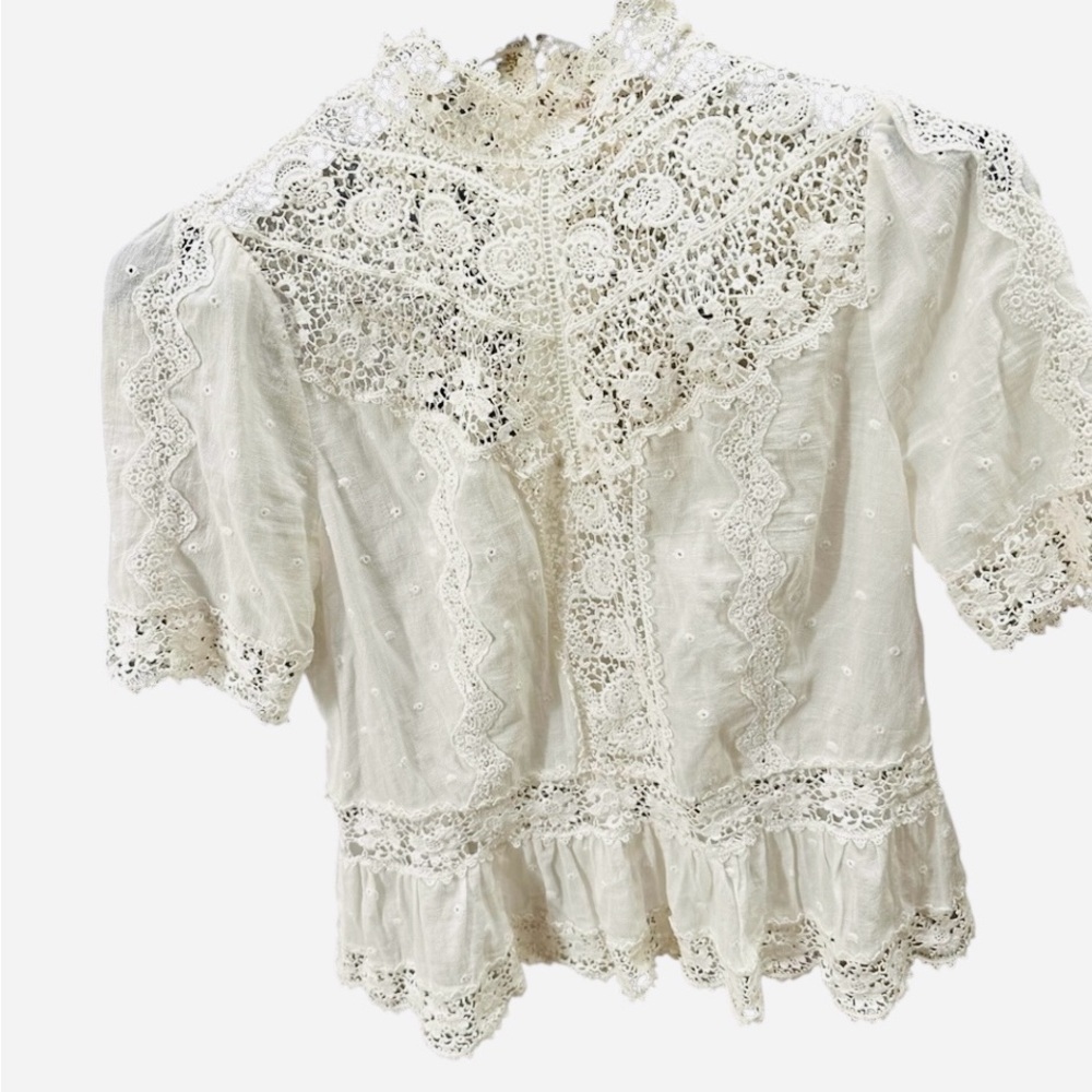 REBECCA TAYLOR CROCHET LACE EYELET PEPLUM TOP MOCK NECK COQUETTE GIRL size 4 - Picture 3 of 11